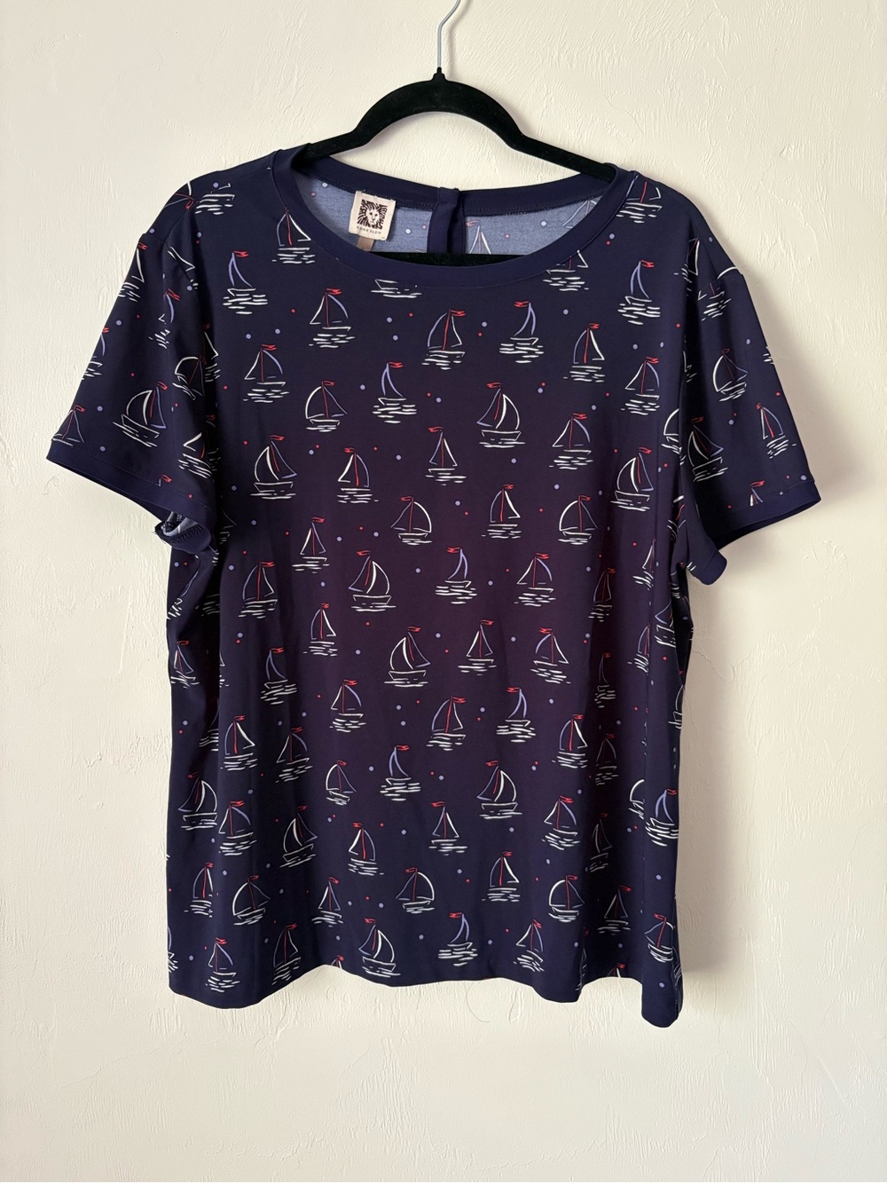 Anne Klein Navy Sailboat Print Short Sleeve Tee
